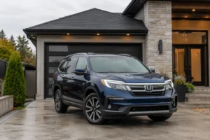 2022 Honda Pilot dark blue parked in family driveway crossover design