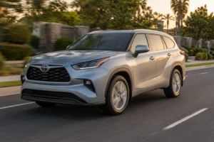 2022 Toyota Highlander silver driving on suburban road used car gallery