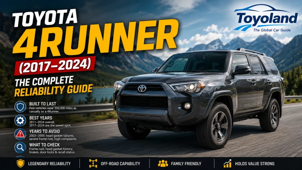 Toyota 4Runner 2017–2024 on a mountain road with Toyoland reliability guide branding