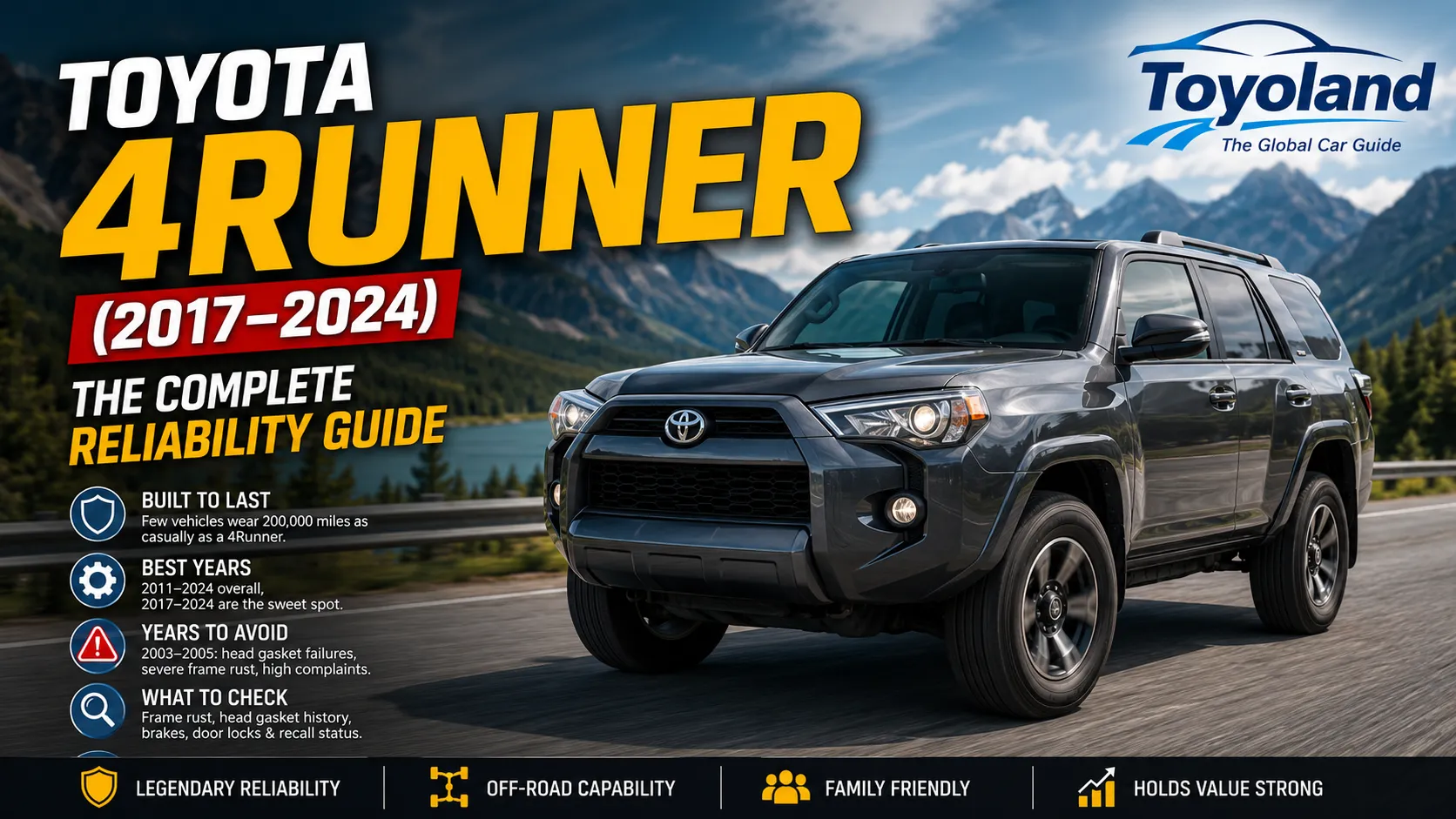 Toyota 4Runner 2017–2024 on a mountain road with Toyoland reliability guide branding