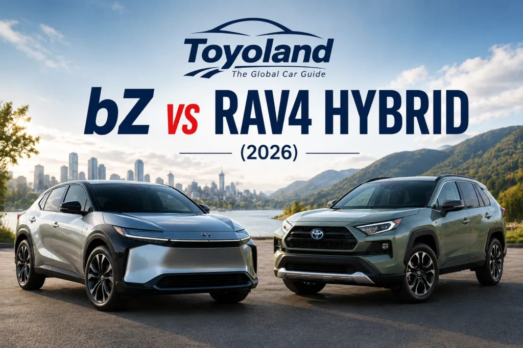 2026 Toyota bZ electric SUV and Toyota RAV4 Hybrid side by side, EV vs hybrid comparison