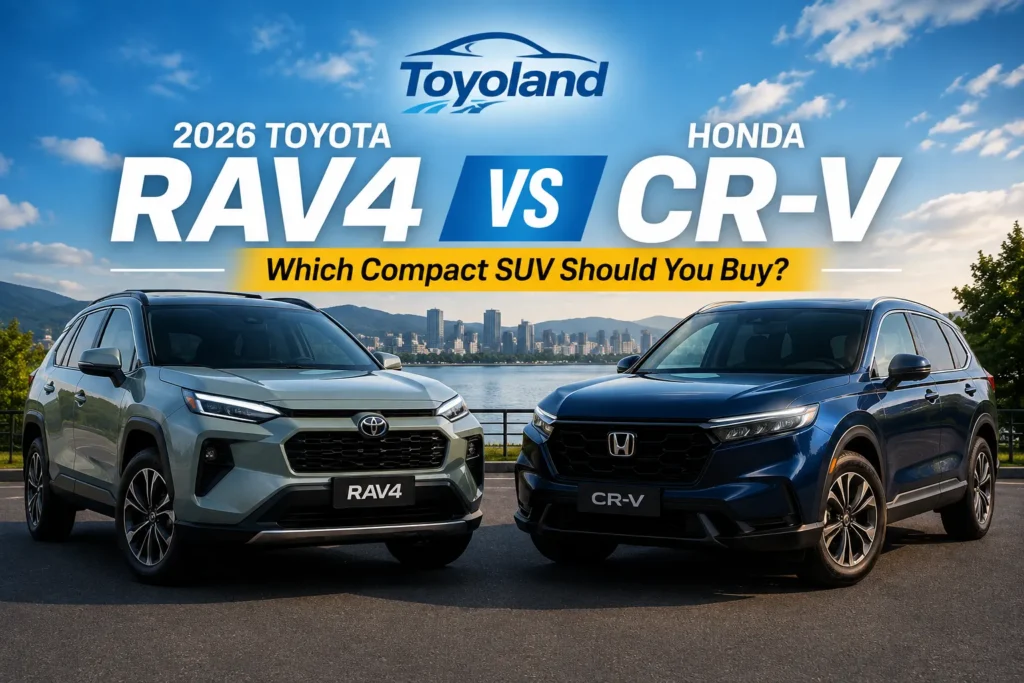 2026 Toyota RAV4 and Honda CR V compact SUVs parked side by side for comparison