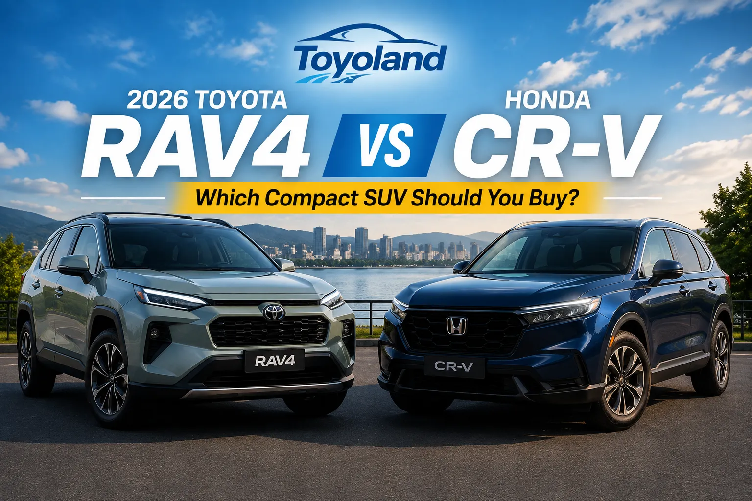2026 Toyota RAV4 and Honda CR V compact SUVs parked side by side for comparison