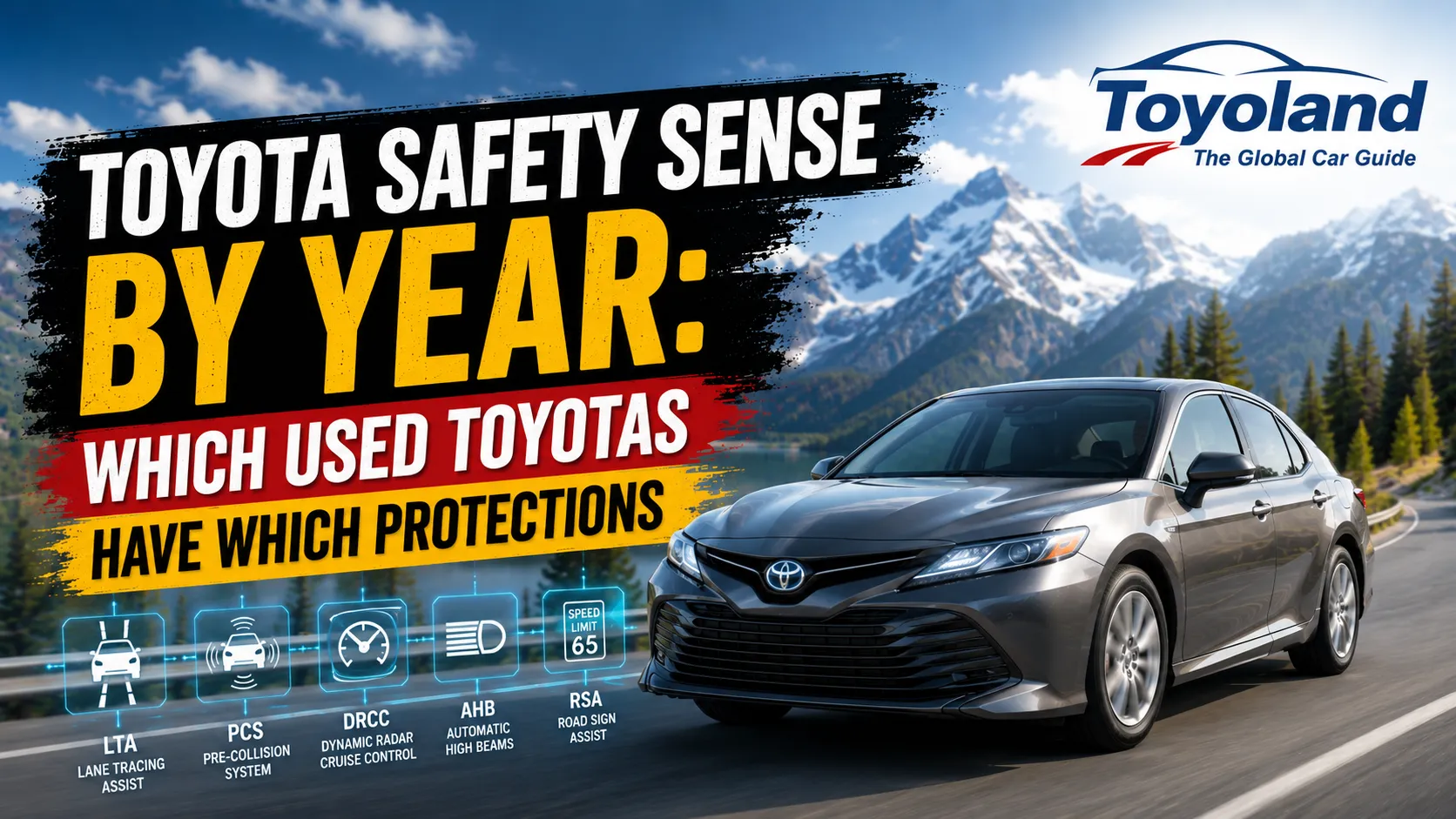 Driver-assistance view from a Toyota cabin, illustrating Toyota Safety Sense generations by year