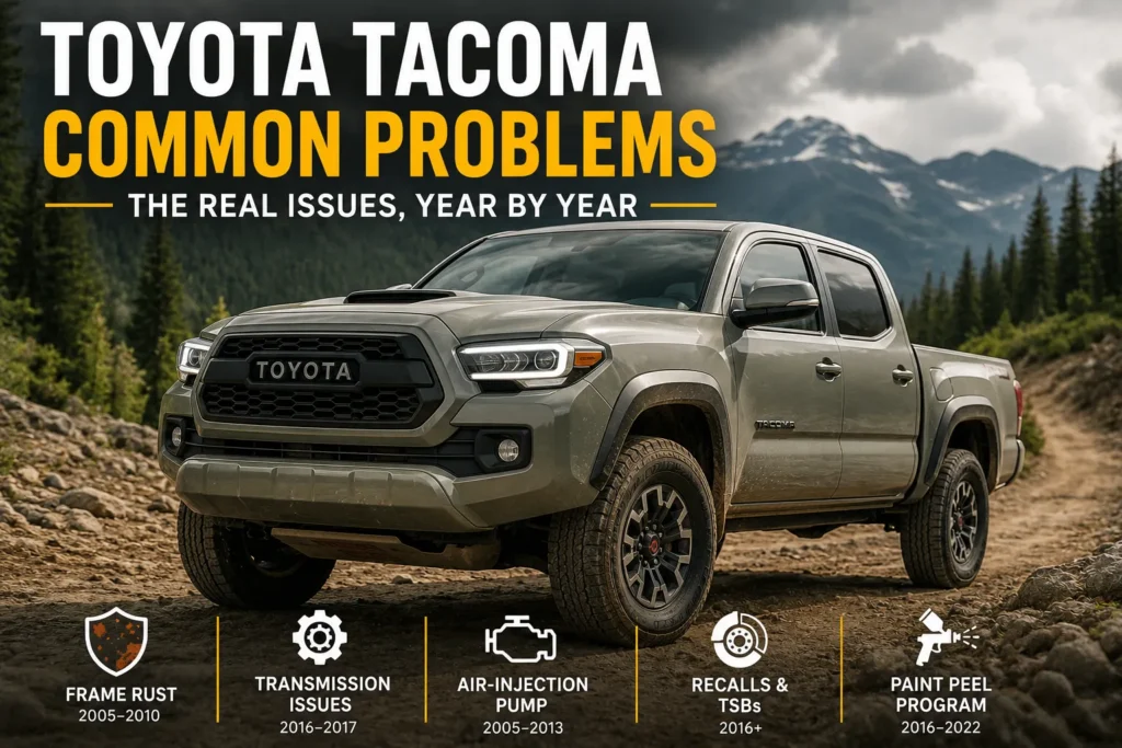 Frame inspection on a Toyota Tacoma, illustrating common Tacoma problems by year