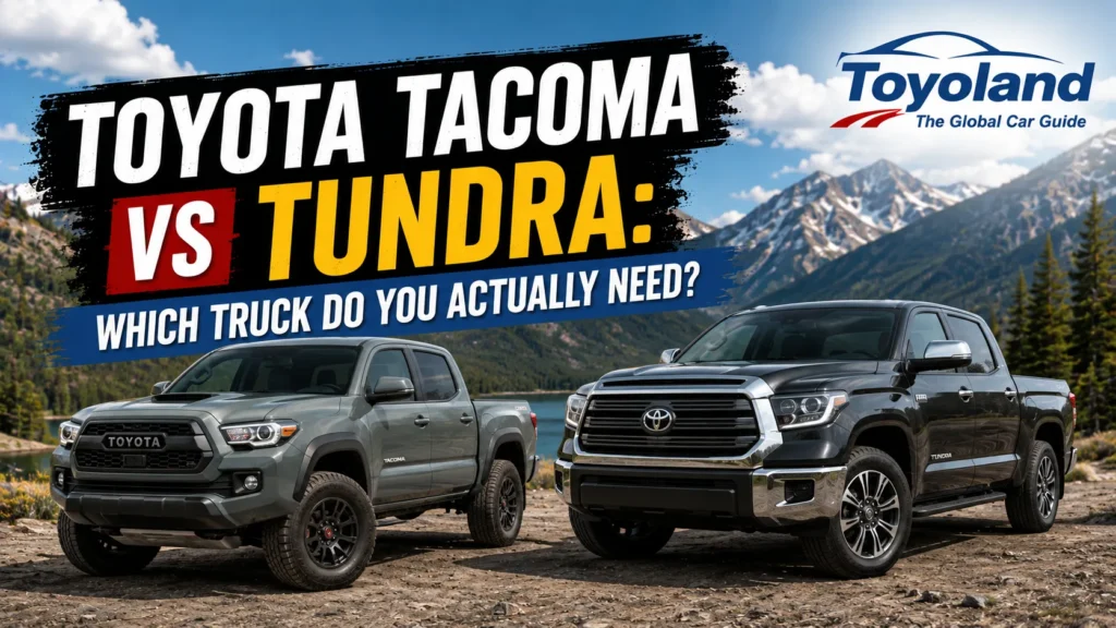Toyota Tacoma and Tundra with trailers side by side, illustrating a Tacoma vs Tundra towing comparison