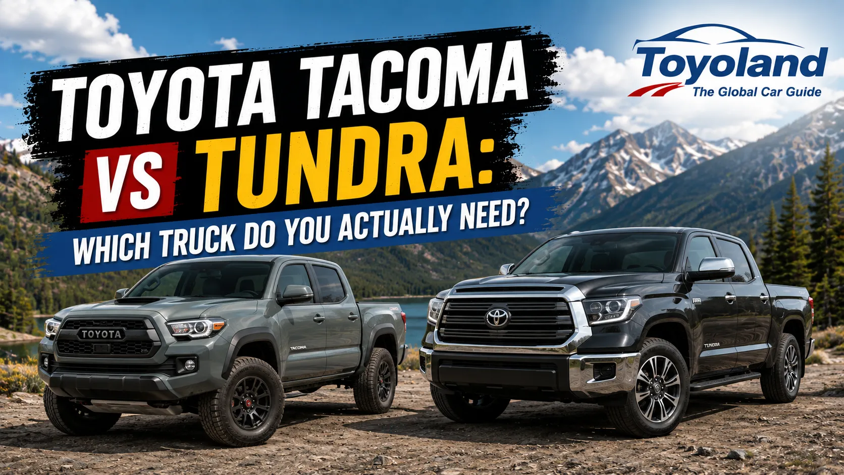 Toyota Tacoma and Tundra with trailers side by side, illustrating a Tacoma vs Tundra towing comparison